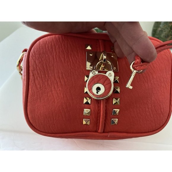 Vtg Crossbody Bag Orange Purse Partial Chain Strap Small Locket Studs Accents - Picture 3 of 16